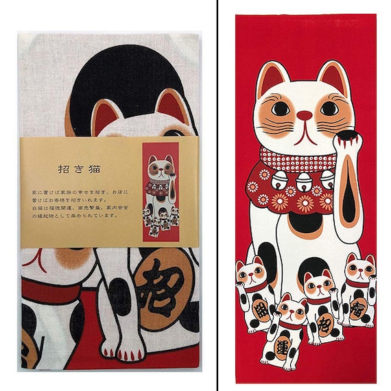 Traditional Japanese Tenugui manekineko beckoning lucky cat red