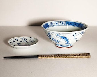 Mino ware Shrimp Design Rice Bowl Small Dish and WAKASA Nuri Octagonal Cloud Gold Chopsticks
