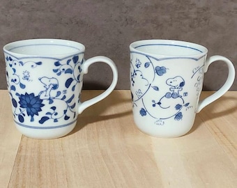 Snoopy & Peanuts Pair Teacups Blue Arabesque and Grape Design Made in Japan
