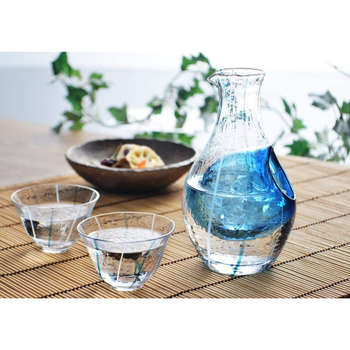 Cold Sake Bottle Set Blue Carafe 300ml Glass Cup 90ml 3 Etsy