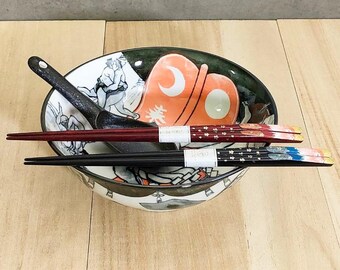 Mino Ware Sumo Wrestling Ramen Bowl Mt. Fuji Chopsticks Chinese