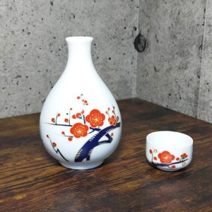 Vintage Sake Bottle Sake Cup Ume Set Made in Japan