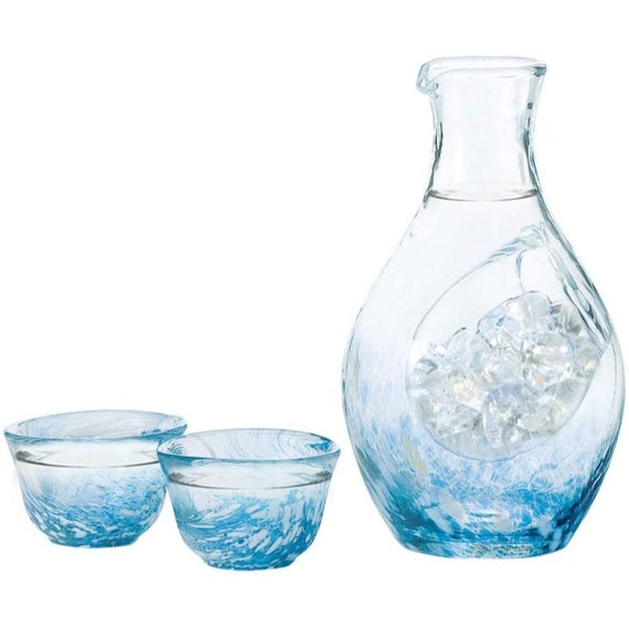 Cold Sake Bottle Glass Sake Cup Set Blue Made in Japan Etsy