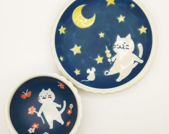 Mino ware Kawaii Kitty Cat small bowl plate set