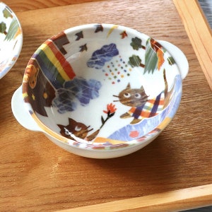 Mino ware kawaii kitty cat bowl with handle made in Japan