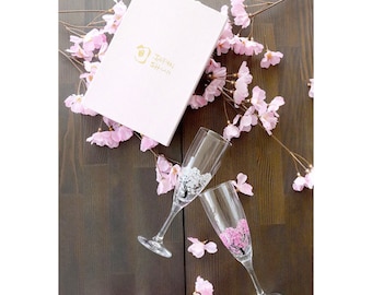 Magic Cold feeling champagne wine glass pair set SAKURA Cherry Blossom