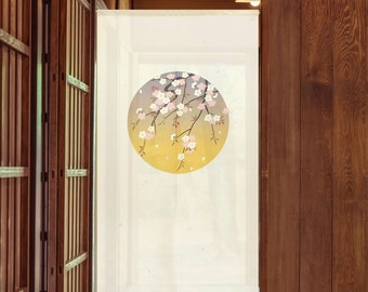 May include: A white sheer curtain with a circular design featuring a branch of pink cherry blossoms against a yellow and blue gradient background.