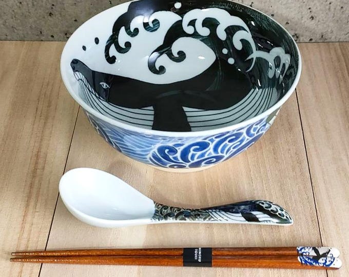 Mino Ware Whale Ramen Bowl Chopsticks Spoon Set Made in Japan