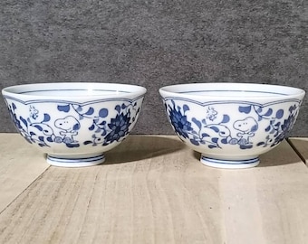 Snoopy PEANUTS Rice Bowl Blue Arabesque Made in Japan 2 bowl set