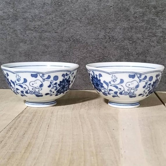 Snoopy PEANUTS Rice Bowl Blue Arabesque Made in Japan 2 Bowl Set