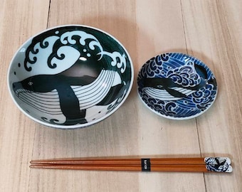 Mino Ware Rice bowl Small Plate Chopsticks Set Whale Design Made in Japan
