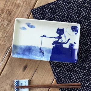 Mino Ware Motto Neko Maruke Kawaii Kitty Oblong Plate Made in Japan