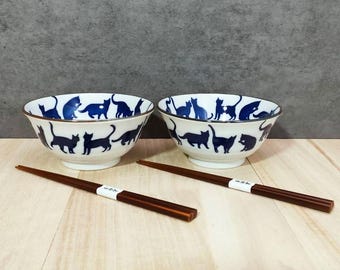 Mino ware Silhouette Kitty Cat Rice Bowl Wakasa Nuri Chopsticks Pair Set Made in Japan