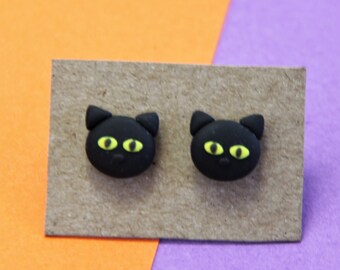 Black Cat Earrings, Clay Halloween Stud Earring, Halloween Jewlery, Cute Clay Cat Earring, Black Cat Jewlery, Cat Lover Gift, Halloween Gift