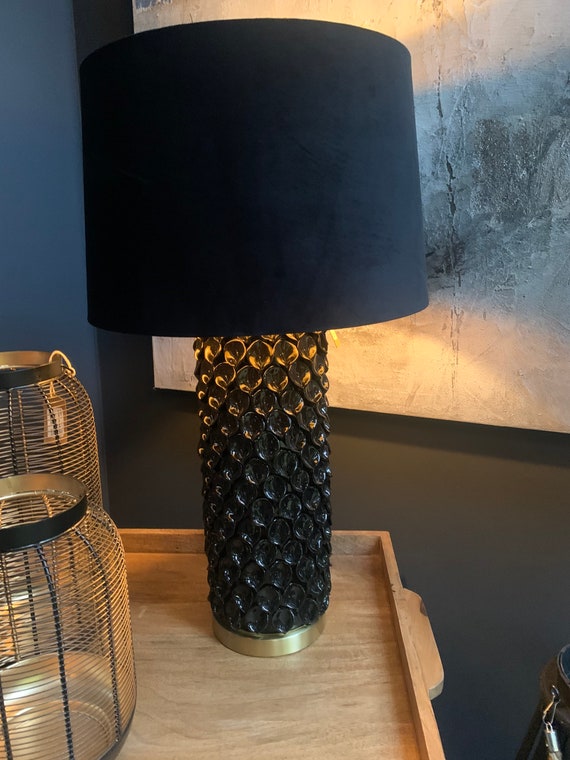 Barbro Black Table Lamp Gloss Ceramic Base With Velvet Table Lamp Black Gloss Ceramic Base, Black Gloss Table Lamp Base