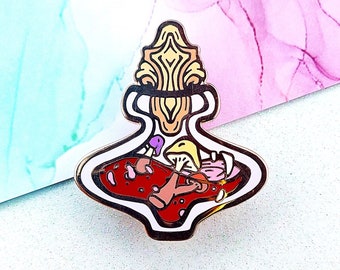 Red Mushroom Potion — Hard Enamel Pin — Cottagecore Apothecary Bottle, magical forest decor, cute mushroom accessory, small glass fungi jar