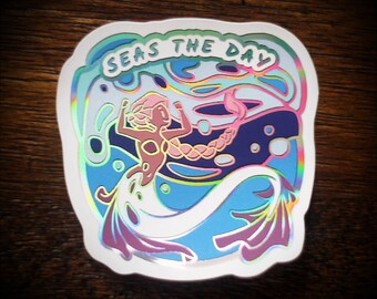 Seas the Day — レインボー ホログラフィック ホイル ステッカー — やる気を起こさせるマーメイド