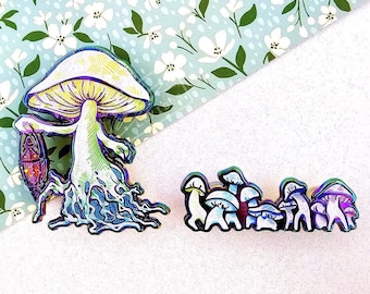 Lead The Way — 2-Pin Set — Shroomie Roomies Collection — mama mushroom & baby shroomie trail pins, rainbow anodized mushroom pin, fungi pins