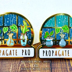 Two of the same plant enamel pins are side by side, showing the comparison between the standard version on the left and the second b grade version on the right. The B grade pin is marked on sale due to some of the metal lines being less visible.