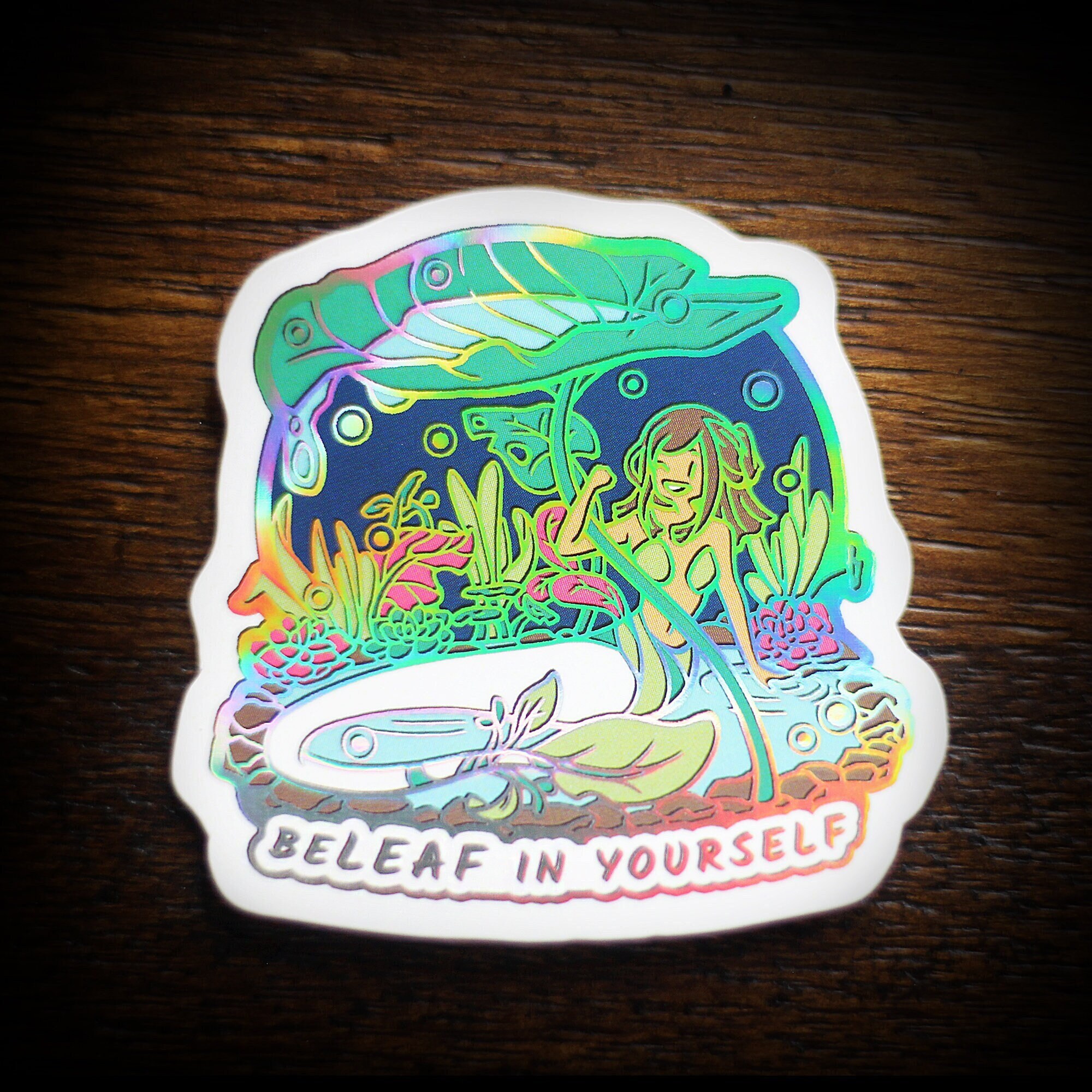BeLEAF in Yourself — レインボーホログラフィックホイルステッカー — モチベーションマーメイド