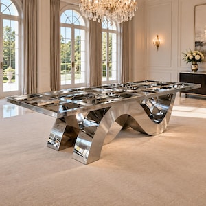 May include: A large rectangular dining table with a polished chrome finish and a reflective surface. The table features a distinctive base with a continuous wave-like design. The text mycraftsshop is printed on the side of the table frame.