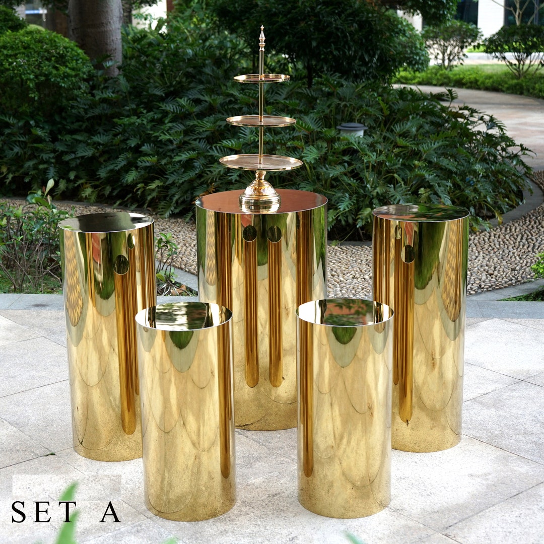 Large Size Gold Mirror Pedestal Table Stand Cylinder Plinth Wedding