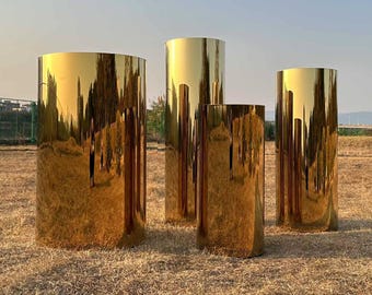 Custom Gold Mirror Pedestal Table: Stainless Steel Cylinder Plinth