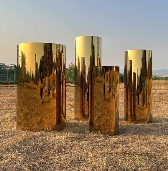 Custom Gold Mirror Pedestal Table: Stainless Steel Cylinder Plinth