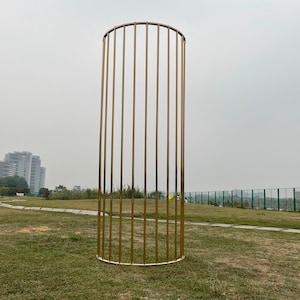 May include: A gold metal archway with a circular top and vertical bars. The archway is standing on a grassy field.