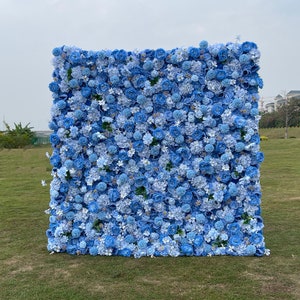 Blue 3D flower wall artificial mix rose peony hydrangea floral wall  party event stage photo backdrop planning bridal shower rose wall ideas