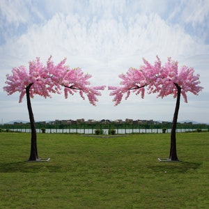May include: Two pink artificial cherry blossom trees with green grass in the background.