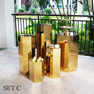 Gold mirror pedestal hexagon pillars plinth for party events cake stand bridal shower dessert table sweets bar table trade show table idea