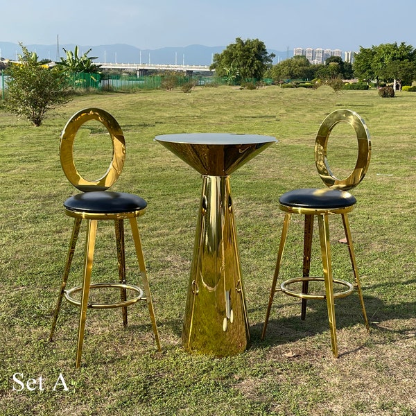 Gold cocktail table bar stool set party events planning dessert bar sweet table dining room decor table drink bar table and chairs idea