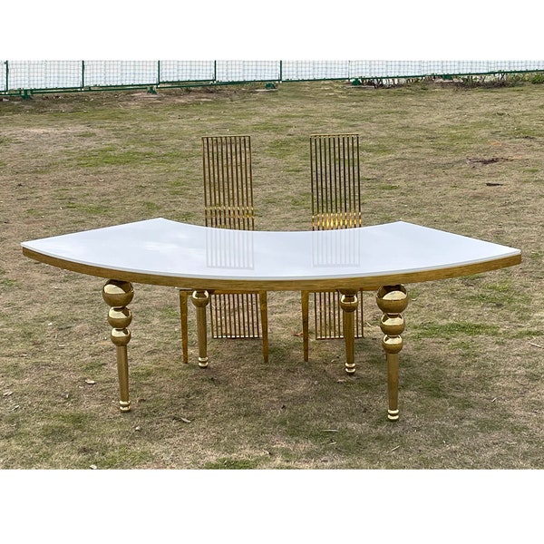 Gold arc shape table wedding ceremony table bride and groom couples shower table events dessert table birthday party cake table arrangement