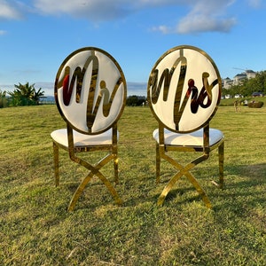 Mr & Mrs couples chairs golden chair for wedding ceremony bridal shower event birthday party decoration chairs backside logo interchangeable