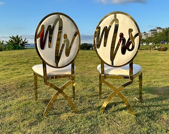 Mr & Mrs couples chairs golden chair for wedding ceremony bridal shower event birthday party decoration chairs backside logo interchangeable