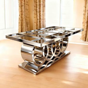 Könnte beinhalten: Ein moderner, rechteckiger Couchtisch mit polierter Chromoberfläche. Der Tisch hat eine gitterartige Oberseite und einen Sockel aus miteinander verbundenen kreisförmigen Formen. Der Tisch ist etwa 122 cm lang, 61 cm breit und 46 cm hoch.