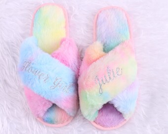 rainbow fuzzy slippers