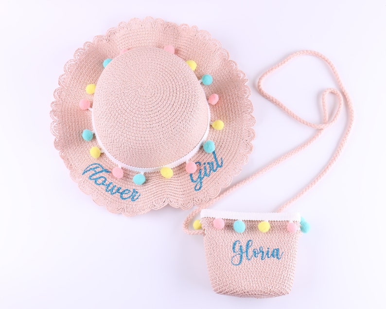 Personalized Kids Sun Hat With Name Straw Bag Flower Girl Etsy Canada