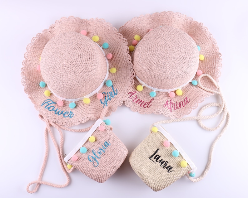Personalized Kids Sun Hat With Name Straw Bag Flower Girl Etsy Canada