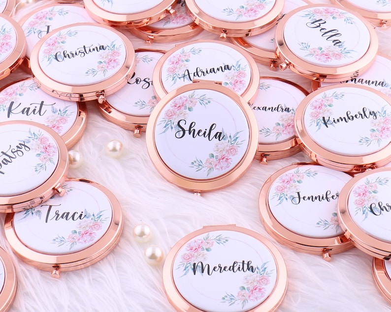 Bulk Bridesmaid Gifts  8x Personalized Floral Compact Mirror image 0