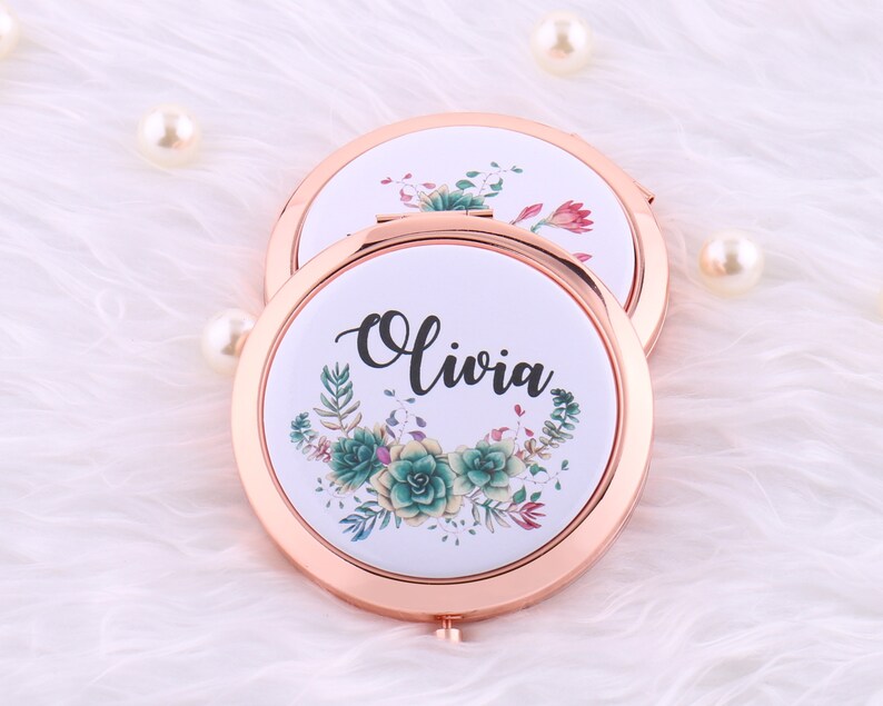 Personalized Compact Mirror With Name Watercolor Succulent Etsy