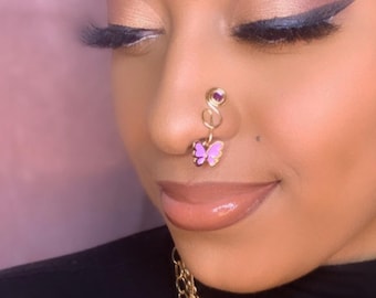 Dangle Nose Cuff *No Piercing Necessary* Adjustable Fake / Faux Nose Ring. Butterfly or Flower Copper Nose Cuff Wholesale Available