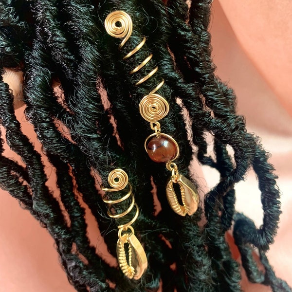 Loc Jewelry Set | Tiger Eye Cowry Shell Gold Loc Braid Jewelry | Dreadlock Cuff, Braid Cuff, Wedding Hair Jewelry, Viking Hair Jewelry