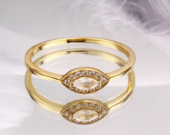 10k Solid Gold East West Marquise Ring w Diamond Accents Minimalistic Ring, Birthstone Ring, Customizable Stacking Ring, Halo Statement Ring