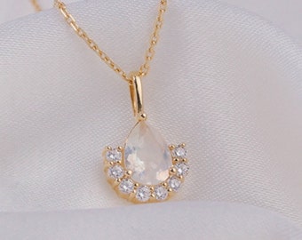 Solid Gold Moonstone Necklace, Teardrop Birthstone Pendant, Minimalist Jewellery, Christmas/Anniversary/Birthday Gift for women
