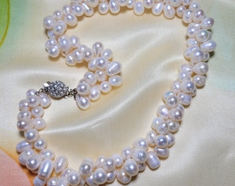Double Strand White Pink Freshwater Pearl Necklace, Baroque Pearl Necklace, Bridal Necklace Pearl, Wedding Jewelry, Chunky Pearl Necklace