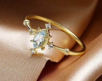 Solid Gold Marquise Aquamarine Engagement Ring Aquamarine Birthstone Ring March Birthstone Ring Rose Gold, White Gold Gold ring Gift For Her