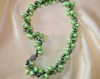 Double Strand Real Freshwater Pearl Necklace Ganuine Baroque Pearl Choker, Green Pearl Necklace Colorful Beaded Necklace Gift for women men
