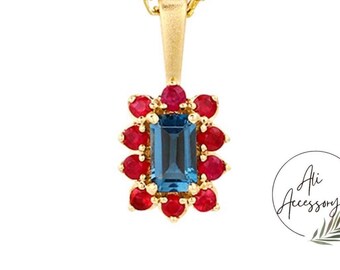 Topaz Pendant 14K Gold Emerald Cut Topaz Necklace, December Birthstone, Halo Oblong stone, Natural Ruby Pendant